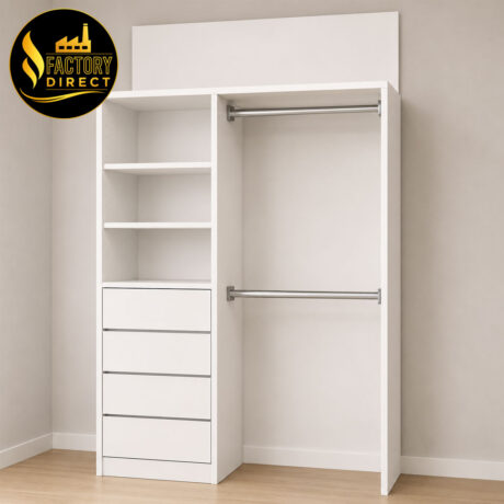1300mm white wardrobe cabinet with drawers shelves and hanging space factory direct Melbourne