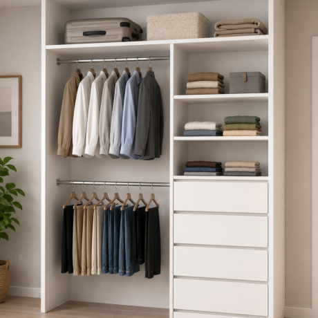 1800mm white wardrobe cabinet technical drawing with drawers shelves and hanging space-A
