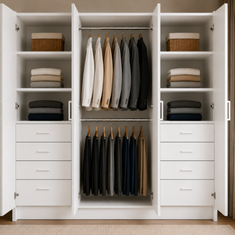 Factory direct white wardrobe cabinet with drawers shelves and hanging space