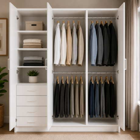 1800mm white wardrobe cabinet with left side drawers shelves and double door hanging section