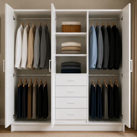1800mm White Wardrobe Cabinet with Centre Drawers, Shelves & Double Side Hanging Space