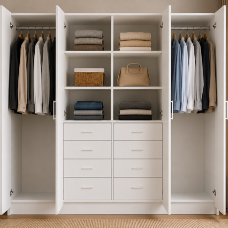Factory direct white wardrobe cabinet with drawers shelves and hanging space