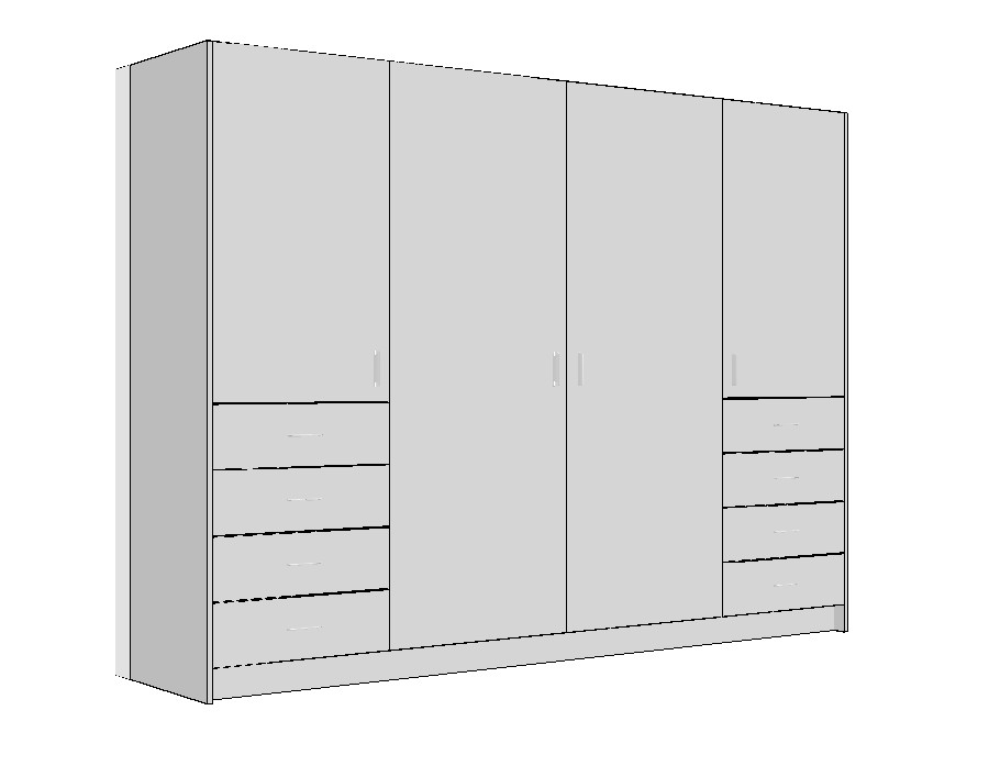 wardrobe-2600-side-drawers-full-cabinet-3DA White wardrobe cabinet technical drawing with side drawer towers and centre hanging section