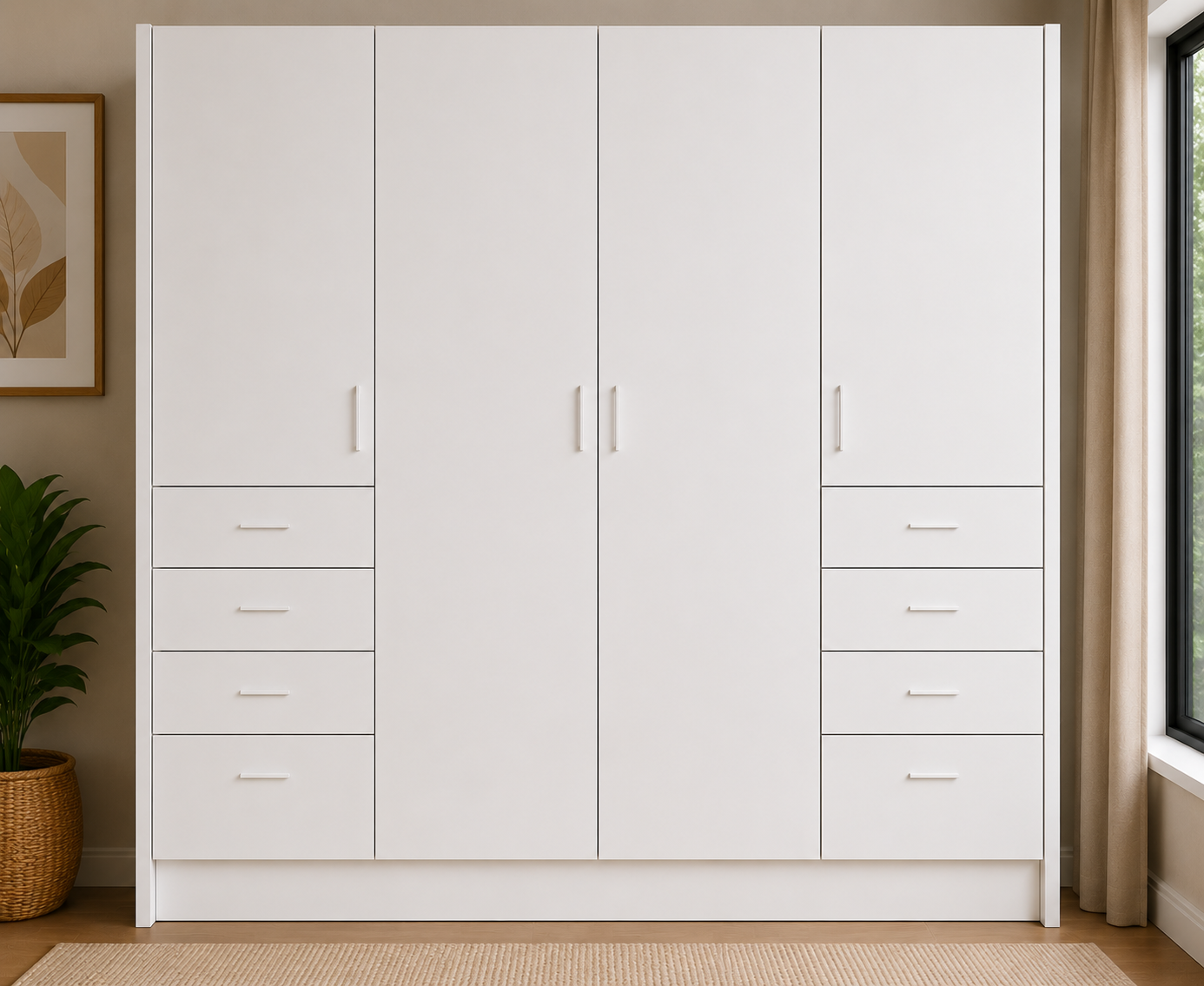 wardrobe-2600-side-drawers-full-cabinet-RENDER-CLOSE Factory direct white bedroom wardrobe cabinet with drawers shelves and double hanging space